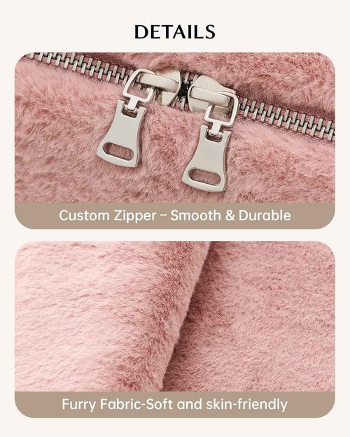 EACHY Travel Makeup Bag,Cute Faux Fur Cosmetic Bag for Women,Portable 180°Wide-Open Flat Toiletry Bag,Large Capacity Makeup Pouch Make up Organizer with Divider and Handle