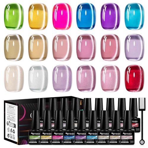 MTSSII Jelly Cat Eye Gel Nail Polish Set 18PCS, Neon Moonlight Glass Crystal Magnetic Gel Polish Pink Purple Red Blue Yellow Colors Nail Polish with Magnet Soak Off UV Art Gift for Women Girls