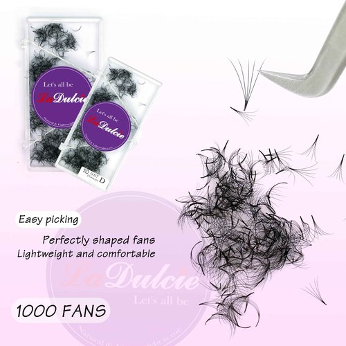LaDulcie Easy Fan Lashes. 1000pcs/box. Volume Eyelash Extensions 0.05 Loose Fans 10D 0.07mm Thickness D Curl 14mm Length