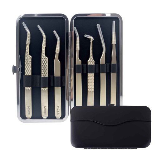 MGER Lash Tweezers for Eyelash Extensions,Diamond Grip 90 Degree Fiber Tip Volume Lash Extension Tweezers,Gold (7Pcs Tweezers Set)