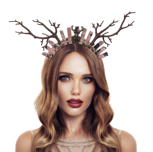 COSUCOS Woodland Fairy Crown Crystal Headpiece Forest Deer Horns Headband Renaissance Wedding Photoshoot Cosplay with Rhodochrosite Stone Brown