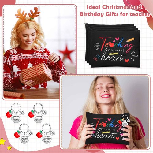 Yinkin 16 Pcs Teacher Appreciation Gifts Set, 8 Teacher Makeup Pouch Cosmetic Bags and 8 Teacher Appreciation Keychains for Teacher (Teaching)