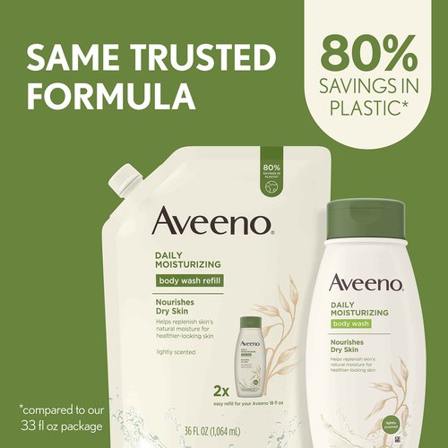 Aveeno Daily Moisturizing Body Wash, Soothing Oat, Refill, 36 Fl. Oz with Aveeno Daily Moisturizing Body Wash for Dry Skin