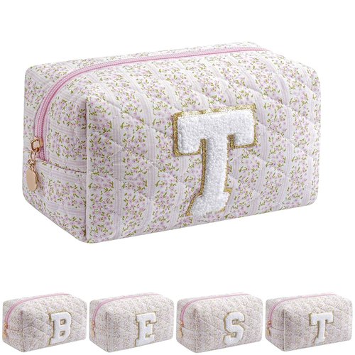 HHQQWZ Small Makeup Bag, Travel Cosmetic Bags for Women, Christmas Gifts for Girls Age 6-18, Pink Floral Zipper Makeup Pouch, Alphabet Make up Organizer Case, Travel Essentials Trendy Stuff (Pink T)
