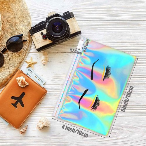 Kajaia 60 Pack Holographic Lash Aftercare Bags Empty Eyebrow Eyelash Cosmetic Makeup Bag 6 x 4 in EVA Zipper Beauty Gift Pouches for Women Girls Small Business(Colorful)