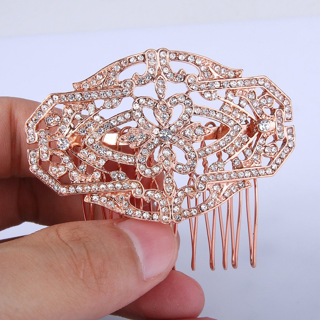 EVER FAITH Women's Austrian Crystal 1920s Style Flower Knot Hair Side Comb Clear Rose Gold-Tone