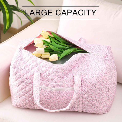 Bulyoou 2 Pack Floral Travel Duffel Bag Large Quilted Travel Duffle Bag and Pink Floral Makeup Pouch Portable Gym Lightweight Weekender Organizer with Zipper Pockets Grocery Pouch for Women