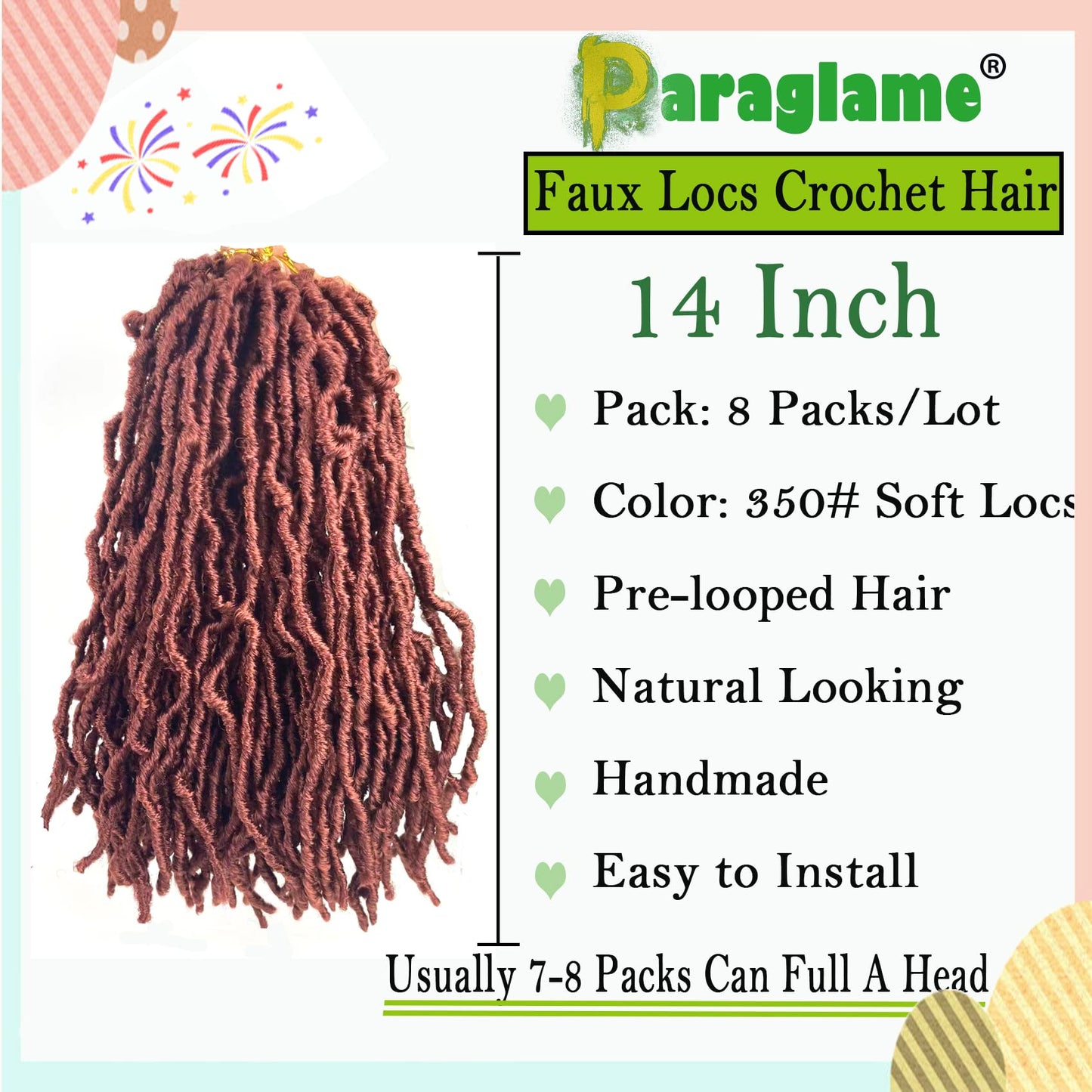 Paraglame Ginger Soft Locs Crochet Hair 14 Inch 8 Packs Faux Locs Crochet Braids Pre-looped Synthetic Goddess Locs 350# Color Curly Wavy Crochet Braids Hair Extension For Black Women (8Packs, 350#)