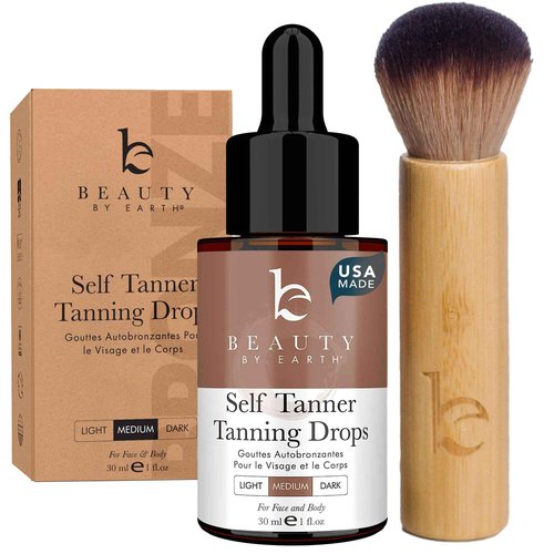 Self Tanning Drops & Kabuki Face Brush - Made with Natural and Organic Ingredients, Medium Face Tanning Drops to Add to Lotion, Moisturizing Bronzing Drops for Face & Body, Toxin Free Face Tanner