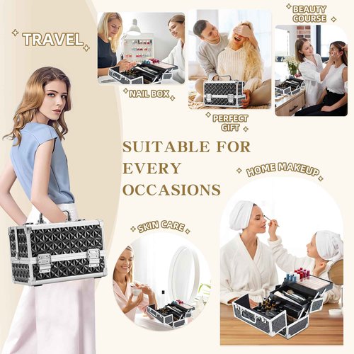 Leeora&Leekoo Makeup Train Case with Lighted Mirror,Portable Makeup Box Organizer (Black)