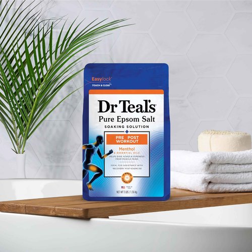 Dr Teal's Epsom Salt Magnesium Soak, Pre & Post Workout with Menthol & Essential Oils, 3 lbs (Pack of 4)