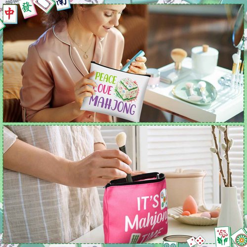 SilTriangle 16 Pcs Mahjong Cosmetic Bag Gifts for Women Mahjong Makeup Bag Mah Jong Zippered Pouch for Lover Player Friend Mom Grandma Lucky Birthday Christmas New Year Gift (Novel Styles)