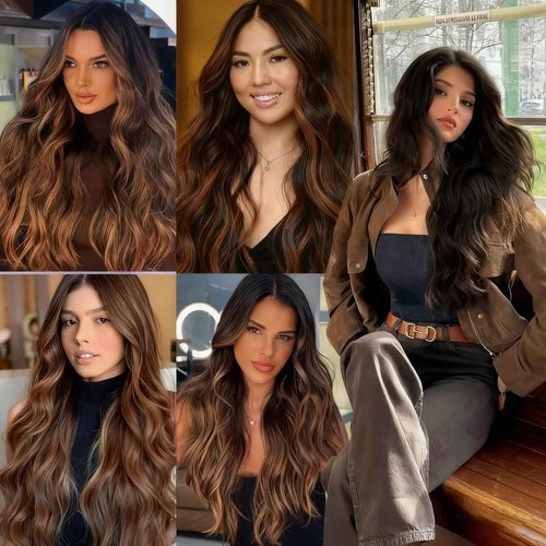 goodear 13x6 Lace Front Wig Long Brown Highlight Wavy Wig for Women 24 Inch Middle Part Curly Wavy Wig Natural Looking Synthetic Heat Resistant Fiber Wig for Daily Party Use