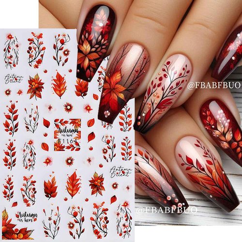 Fall Nail Art Stickers Autumn Maple Leaf Nail Decals 6PCS Autumn Leaves Deer Design 3D Self-Adhesive Nail Art Decorations Supplies Fall Stickers for Nails Women Thanksgiving Day DIY Manicure Decor