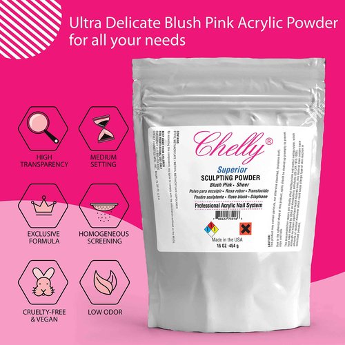 Chelly Superior Sculpting Powder Professional Acrylic Nail System Clear Blush Pink Medium Pink 16 oz 454 g (Blush Pink)
