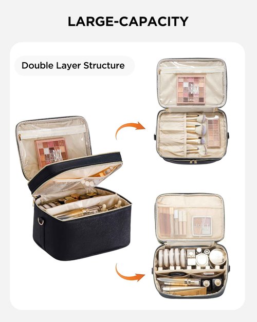 HBlife Extra Large Double Layer Travel Makeup Bag Portable Leather Cosmetic Bag Make Up Bag Makeup Case Organizer Toiletry Bag for Women Girls with Handle, Removable Divider and Shoulder Strap (Black)