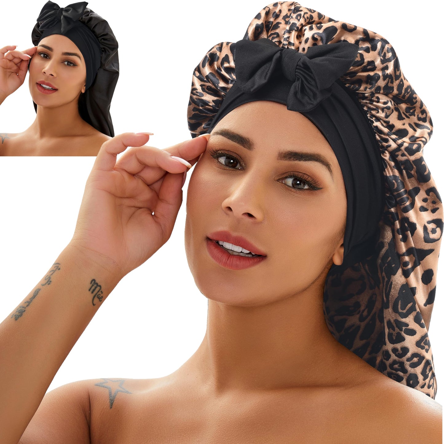 2 Pcs Silk Bonnet for Sleeping, Braid Bonnet Satin Bonnet with Tie Band Sleep Cap for Women Men Long Curly Hair Braids Black (2 Pcs-Black & Leopard)