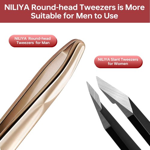 NILIYA Beard Tweezers for Man, Professional Round Tip Pucker for Chin, with Leather Travel Case (Champagne gold)
