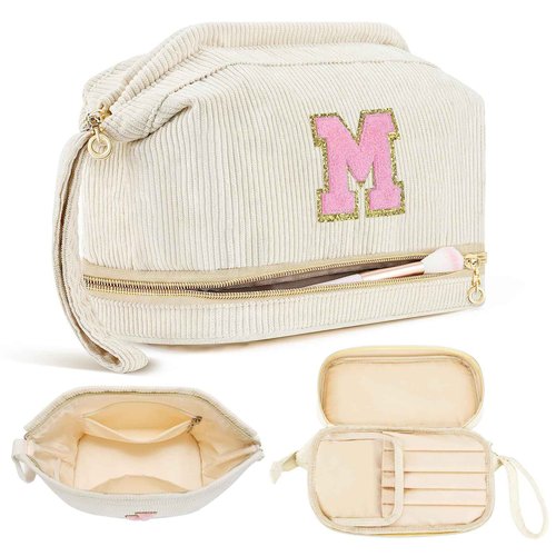Makeup Bag for Girls Gift, Personalized Christmas Gifts Initial Women Makeup Bag for Travel, Double Layer Cosmetic Bag with Brush Organizer Preppy Make up Bag for Teen Girl Trendy - M