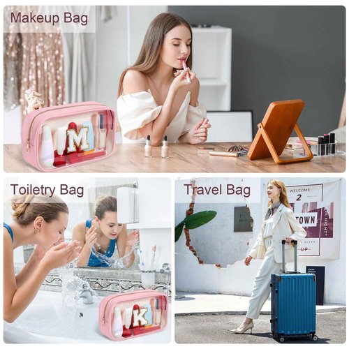 YOOLIFE Christmas Gifts For Teenage Girls Stocking Stuffers For Teen Girls Teacher Gifts Initial Clear Makeup Bag Birthday Gift Travel Toiletry Cosmetic Bags Birthday Gift Travel Essentials Pink A