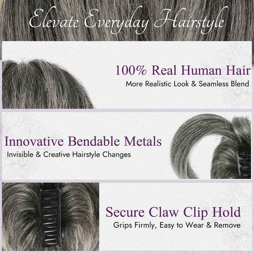 BARSDAR Claw Clip Short Human Hair Ponytail Extension with Bendable Metals - DIY Styles 8 Inch Real Human Hair Gray Messy Bun Hairpieces for Women - Thick Natural Short Ponytail Daily Wear