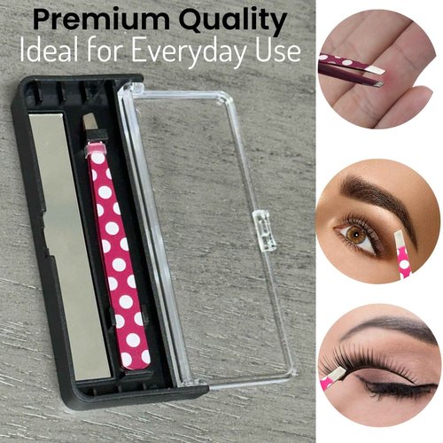Polka Dot Tweezers Surgical Grade Stainless Steel - Slant Tip Professional Eyebrow Shaping Splinter Ingrown Facial Hair Removal Protective Case with Mirror - Ideal Tweezer for Men Women