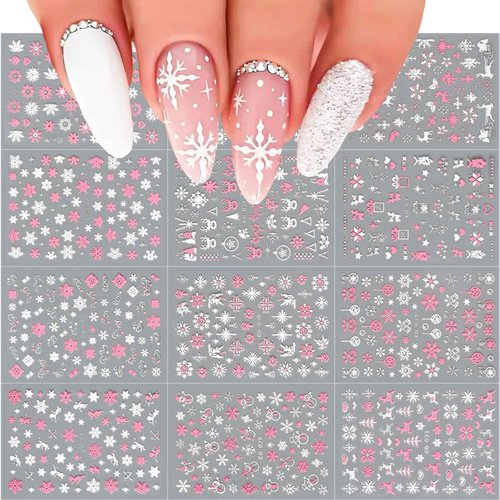 12 Sheets Christmas Nail Stickers Pink White Snowflake Nail Decals for Nail Art Christmas Snowman Reindeer Heart Nail Art Stickers 3D Self Adhesive Nail Supplies for Women Christmas Nail Decoration