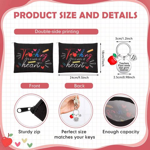 Yinkin 16 Pcs Teacher Appreciation Gifts Set, 8 Teacher Makeup Pouch Cosmetic Bags and 8 Teacher Appreciation Keychains for Teacher (Teaching)