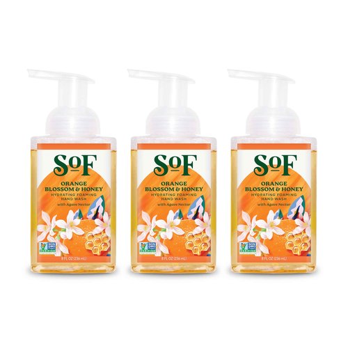SoF Hydrating Foaming Hand Wash - With Organic Agave Nectar & Coconut Oil- Vegan & Non GMO- Free From Phthalates, Sulfates & Parabens- Orange Blossom & Honey - 8 oz Bottle 3 Pack