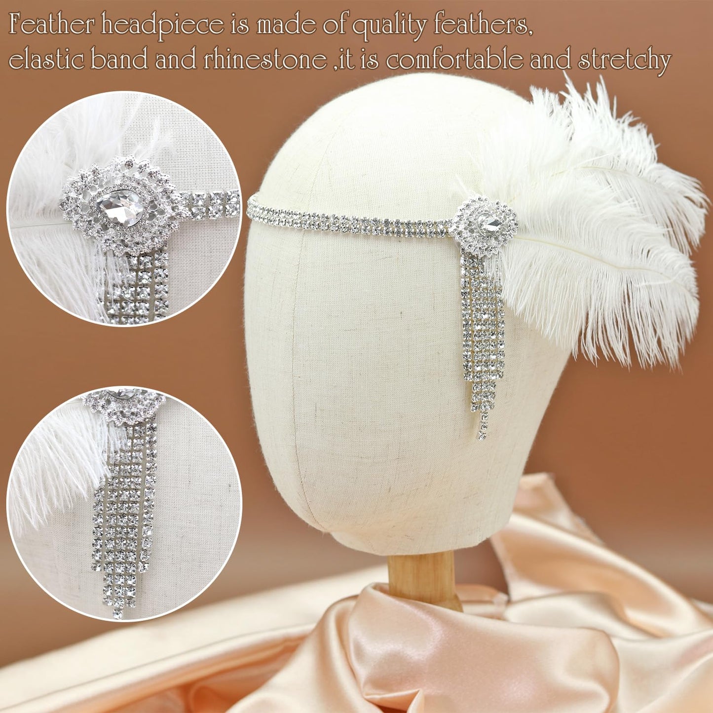 NAISKA 1920s Flapper Feather Headpiece Great Gatsby Rhinestone Tassel Headbands Vintage Roaring 20s Showgirl Gatsby Hair Accessories for Women and Girls