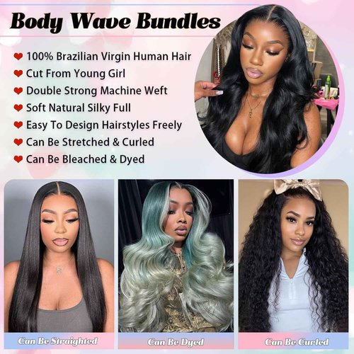 KAITHLYPO 12A Body Wave Bundles Human Hair 16 Inch 100% Unprocessed Brazilian Virgin Quick Weave Human Hair Extensions Real Human Hair for Women