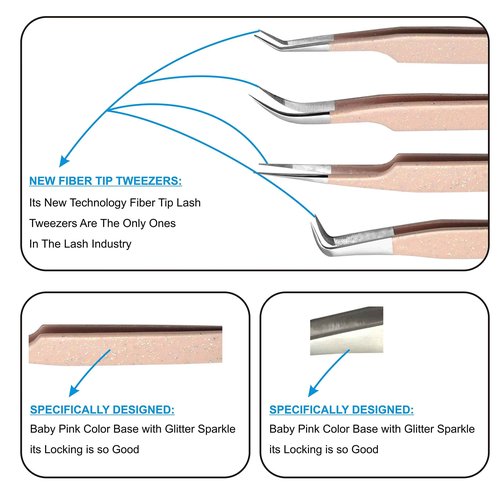 LUMESS Alishba Beauty Eyelash Extension Tweezers, Precision Fiber Tip Grip Japanese Stainless Steel (Set of 4 Eyelash Tweezer) (GLITTER PEACH PINK)