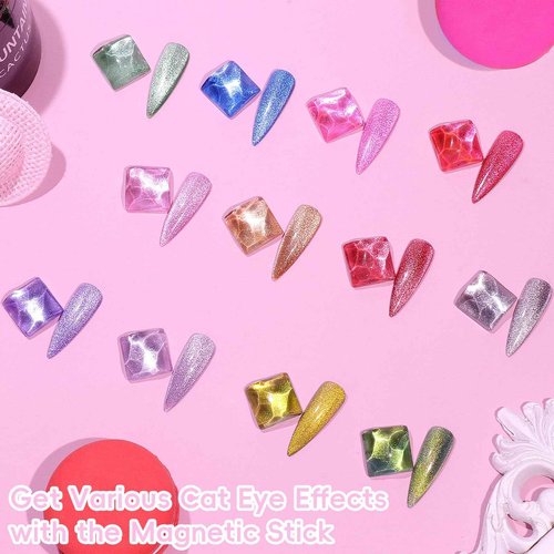 noirwhite Cat Eye Gel Nail Polish Kit with UV Light，12 Colors Glitter Pink Red Purple Green Blue Gold Shimmer Colors Gel Nail Polish with Magnet Top Base Coat Nail Art Manicure Salon DIY Home Gifts