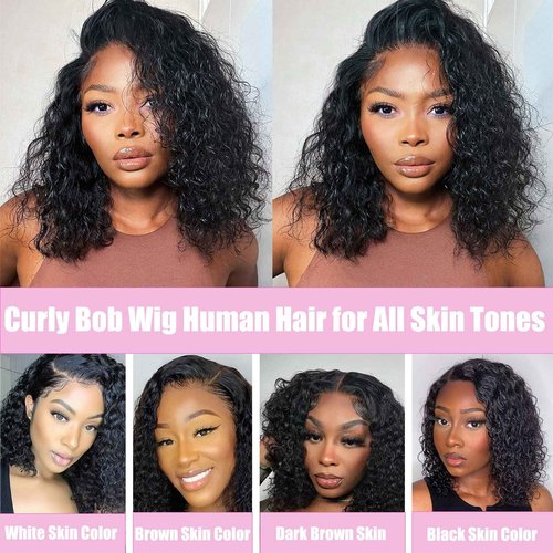 Keytac Deep Wave BOB Wig Human Hair 13x4 HD Curly BOB Lace Front Wigs Human Hair Pre Plucked Wear And Go Glueless Short Curly Frontal BOB Wigs For Black Women Wet And Wavy 12 Inch