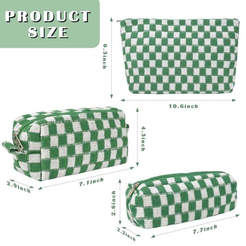 Makeup Bags Checkered Cosmetic Bag- 3PCS Travel Toiletry Bag Aesthetic Portable Accessories Pouch Preppy Pencil Checkered Pencil Pouch Case Cute Brushes Storage Bag for Women - Green