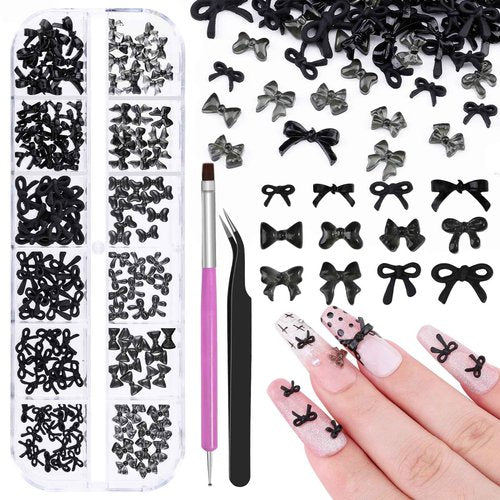 1 Box Black Mini Bow Nail Charms,3D Resin Bows Charms Cute Flat Back Nail Bow Tiny Bowknot with Pickup Tools for Women Nail Decoration Crafts DIY