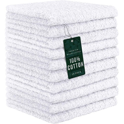 DecorRack 10 Pack 100% Cotton Wash Cloth, Luxurious Soft, 12 x 12 inch Ultra Absorbent, Machine Washable Washcloths, White (10 Pack)