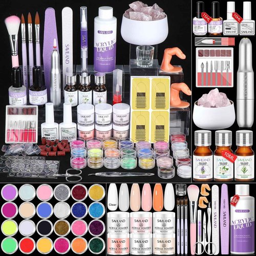 SAVILAND Professional Acrylic Nail Kit with Drill: 6 Colors Acrylic Powder & Liquid Beginner's Starter Set with Essential Oil Nail Primer Dehydrator Nail Tools DIY Home Manicure Christmas Gift