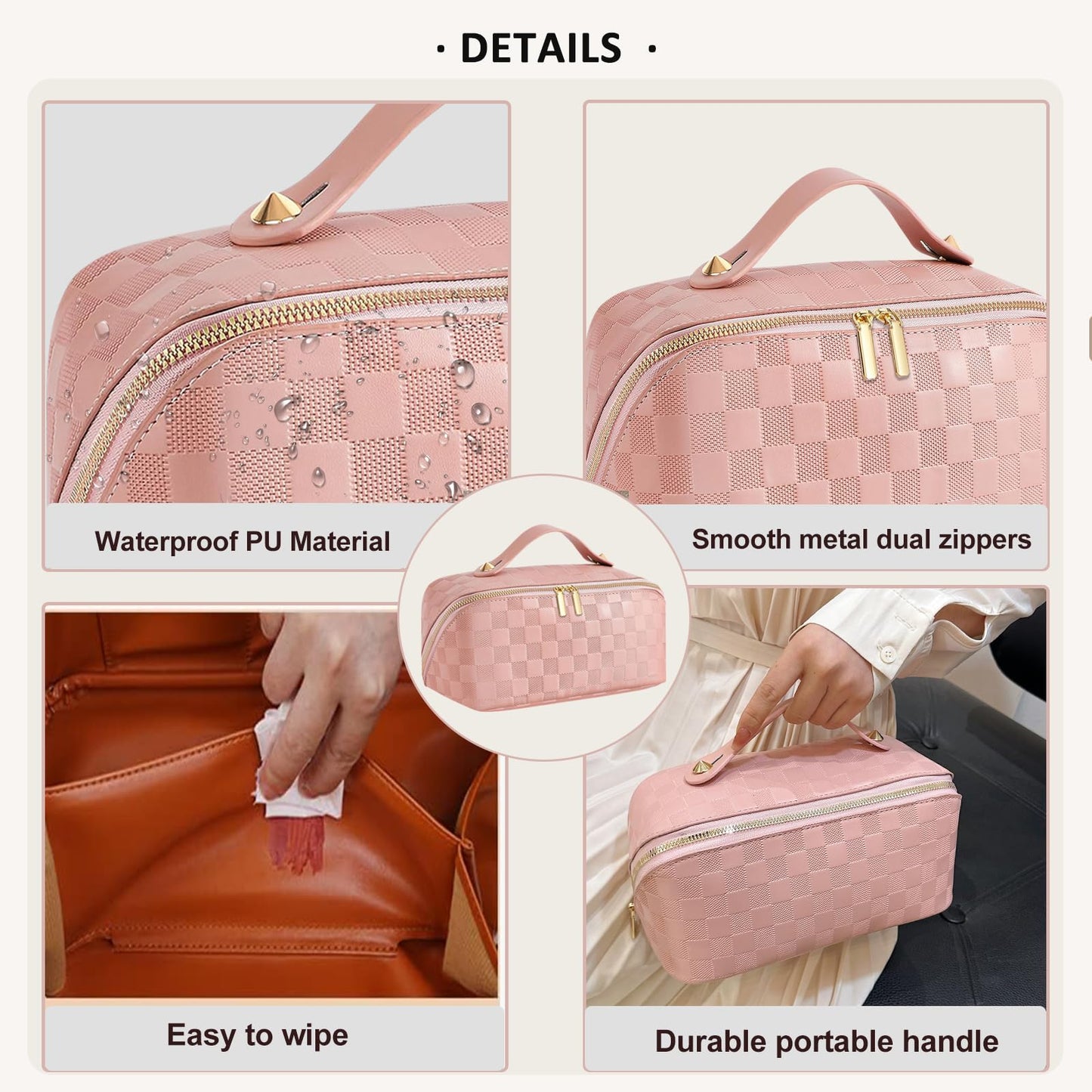 CCidea Checkered Makeup Bag, Large Travel Cosmetic Bags for Women, Portable Waterproof Leather Makeup Pouch, Open Flat Toiletry Bag Make up Organizer with Divider and Handle -Plaid Pink