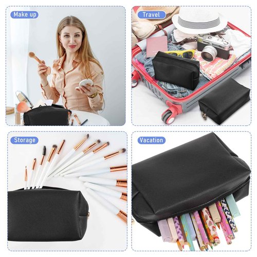 Gerrii 6 Pcs Preppy Patch Makeup Bag PU Leather Cosmetic Bag Waterproof Neat Travel Toiletry Pouch Portable Makeup Bag for Women Friends Cosmetic Organizer Travel Toiletry Pencil Case (Black)