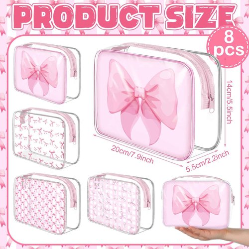 Sunnymove 12 Pcs Clear Pink Bow Makeup Bags Bulk for Women PVC Coquette Cosmetic Bag with Zipper Travel Toiletry Pouch Pink Bow Team Gifts for Birthday Coquette Party Favor Storage Accessories