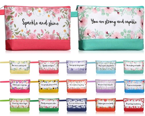Silkfly 15 Pcs Flower Canvas Makeup Bags Bulk 10.2 x 5.5 x 2 Inches Inspirational Canvas Cosmetic Bag Spring Travel Toiletry Pouch with Zipper Inspirational Gifts for Women