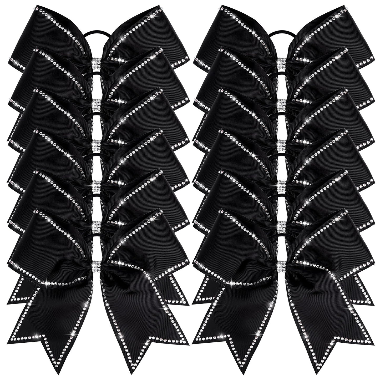 CEELGON 8" Large Rhinestones Cheer Bows 12 PCS Glitter Cheer Bows Handmade Elastic Band Girls Hair Bows for Cheerleaders Girls Softball Sports Competition (Black)