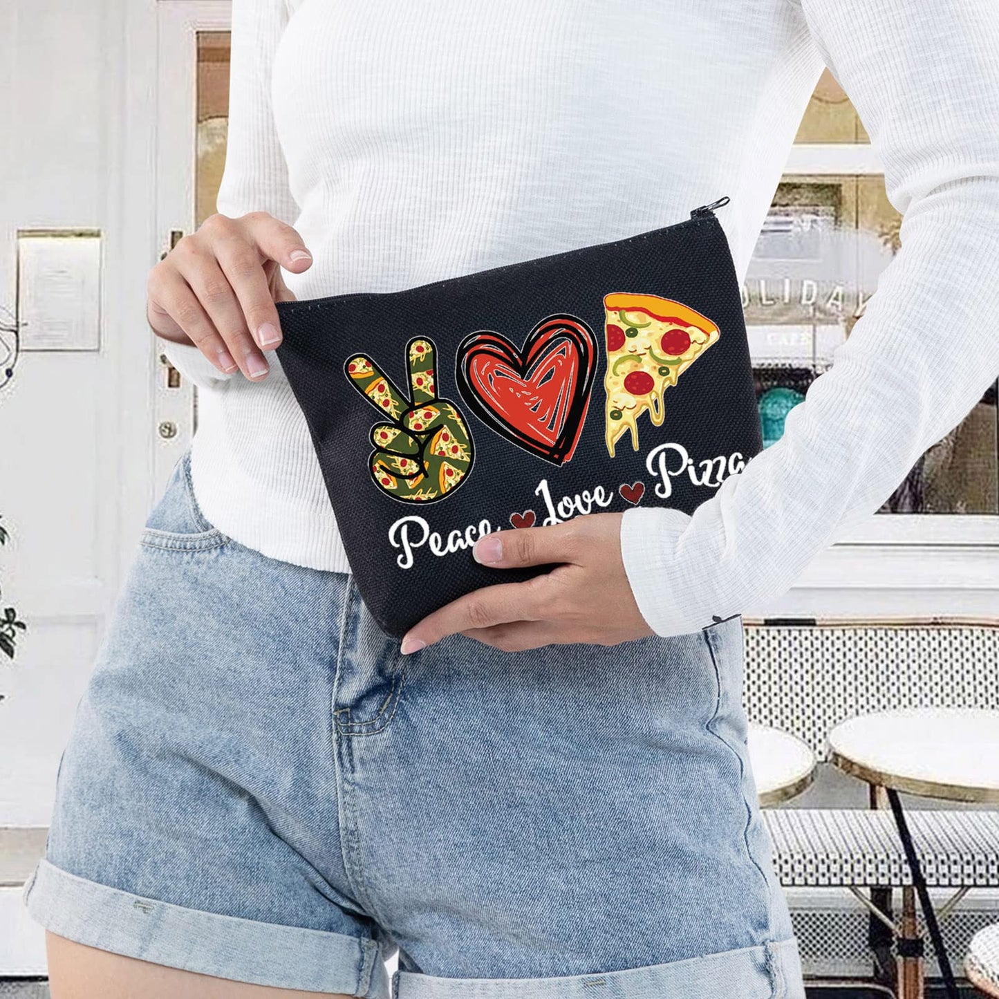 LEVLO Funny Pizza Cosmetic Bag Pizza Lover Gift Peace Love Pizza Makeup Zipper Pouch Bag Pizza Party Gift (Peace Pizza Black)