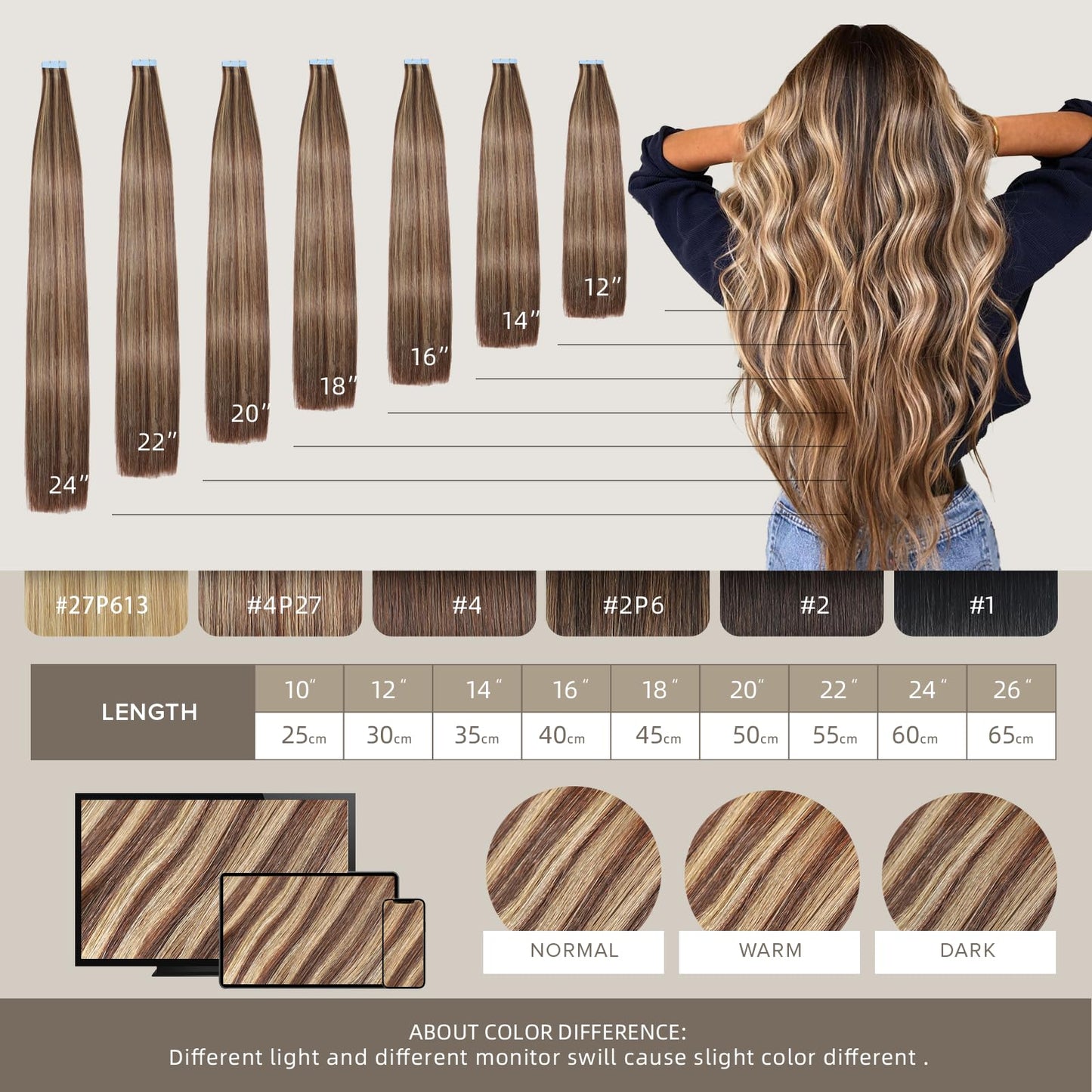 Mifes Tape in Hair Extensions Human Hair #P4/27 Balayage Color 20pcs/40g 14 Inch Chocolate Brown to Honey Blonde Highlight Tape in Human Hair Skin Weft Human Hair Extensions