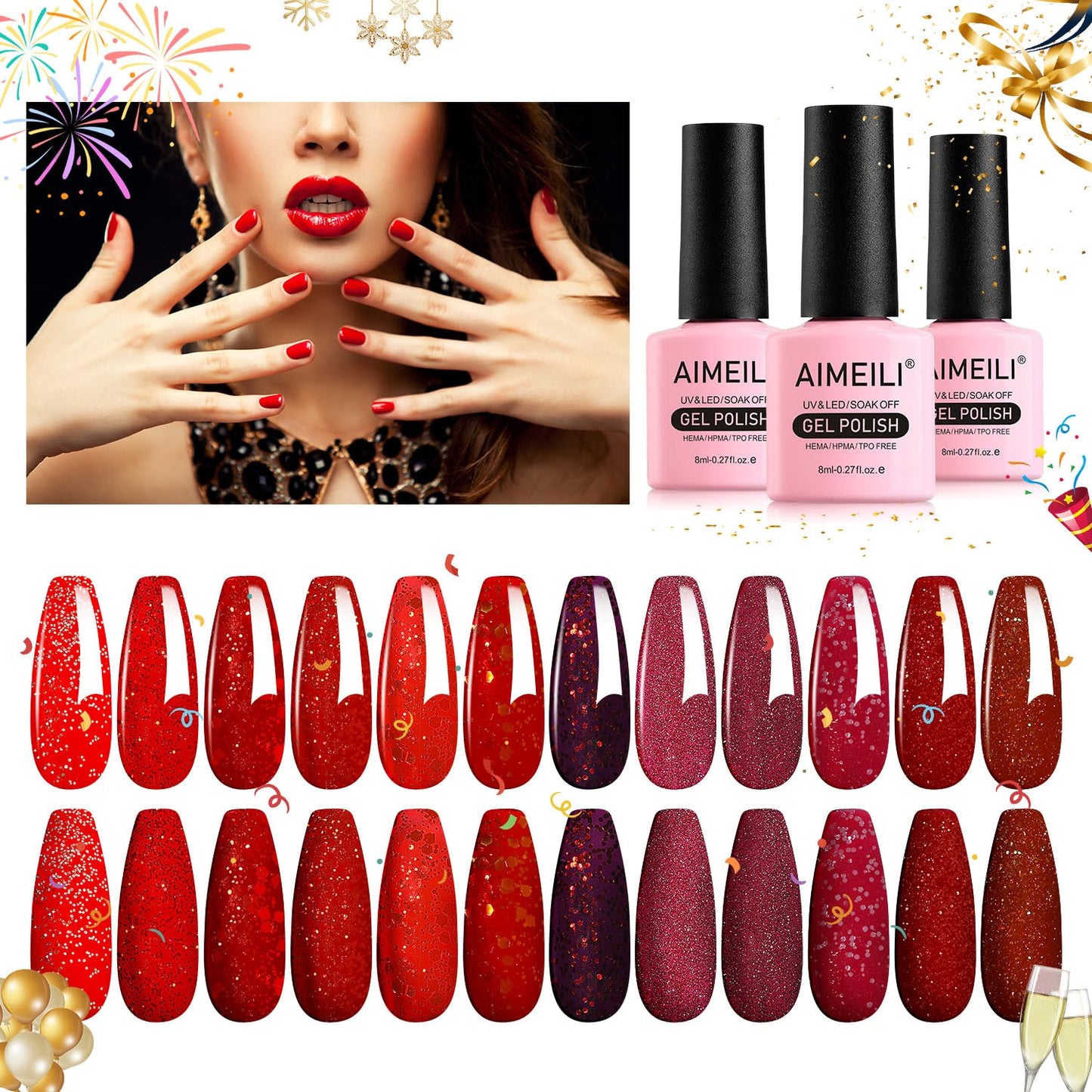 AIMEILI Gel Nail Polish Soak Off U V LED Hema Free Red Glitter Gel Polish Colors for Christmas Nail Art DIY Gel Nail 12 x 8ML-Kit Set 28