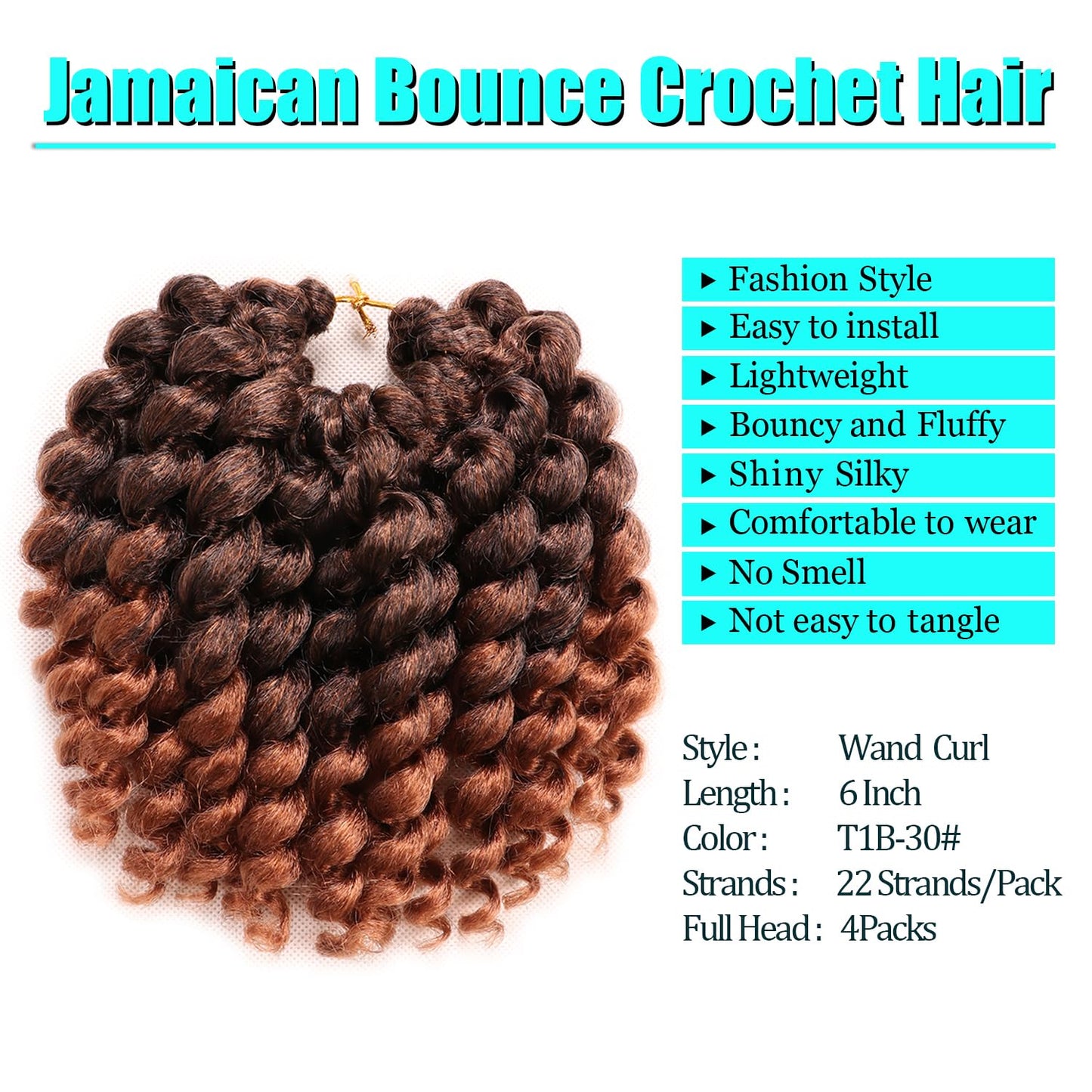 Jamaican Bounce Crochet Hair-4 Packs Deal 6 Inch Jumpy Wand Curl Crochet Hair Curly Crochet Hair For Black Women (6 Inch (Pack of 4), T1B-30#)