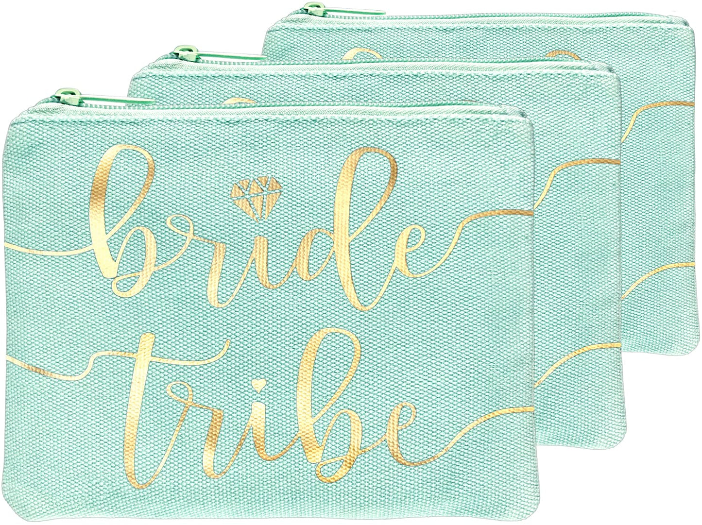 Bride Tribe Makeup Bags - Bridesmaid Favor for Bachelorette Party, Bridal Shower, Wedding. Cosmetics/Toiletries Bag, Wedding Survival Kit, Hangover Kit, Keepsake (3pc Bride Tribe, Mint)