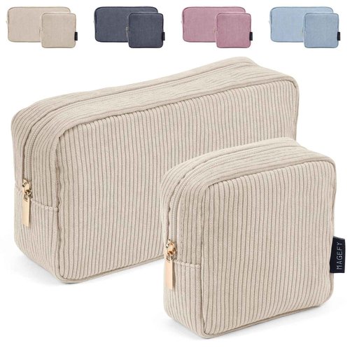 MAGEFY Makeup Bag for Purse, 2 Pcs Corduroy Cosmetic Bag for Girls Women Small Travel Makeup Pouch with Zipper(Beige)