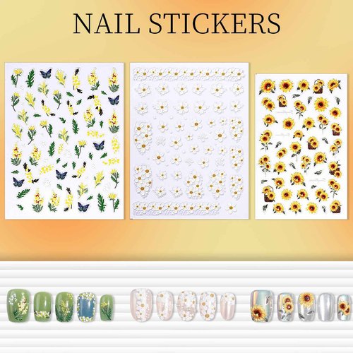 FANDAMEI Flower Nail Stickers, Nail Decals, 7 Sheets 5D Embossed Nail Stickers for Nail Art, 10 PCS Self-Adhesive Nail Art Sticker, Floral Nail Decorations for Girls, Women